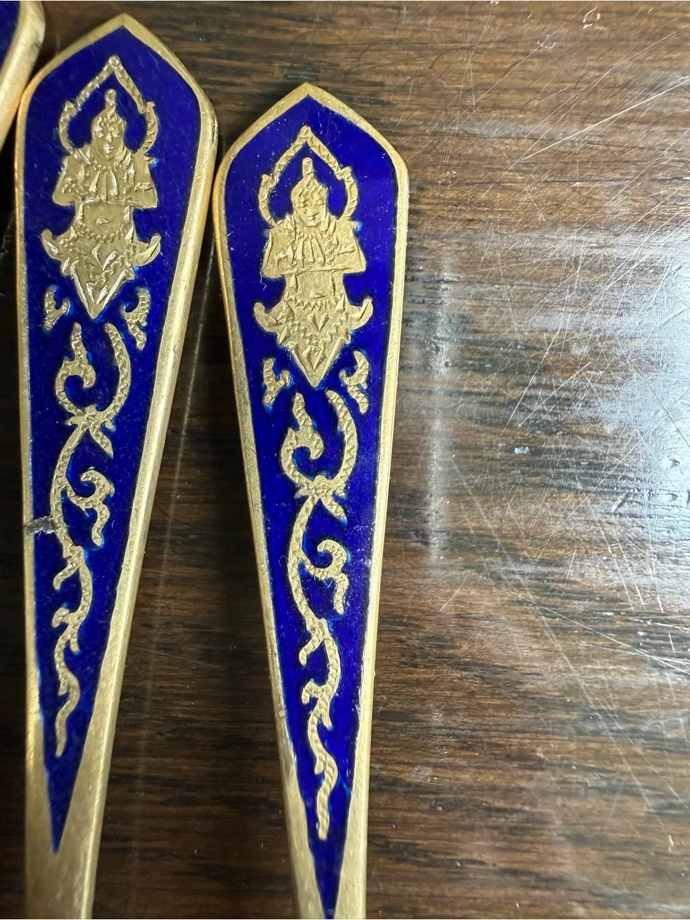Vintage Thai Gold-Tone Blue Enamel Demitasse Spoons - Set of 5